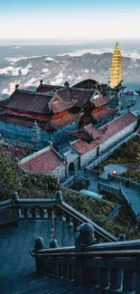 Serene mountain temple view with stunning architecture and blue sky.