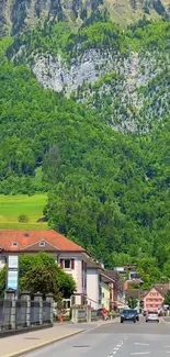 A scenic mountain town with lush greenery and traditional buildings.