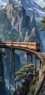 A train on a bridge between lush mountains.