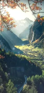 Landscape view of a scenic valley with mountains and autumn foliage.