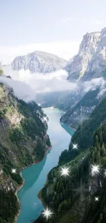 Serene mountain valley wallpaper with lush greenery and river.