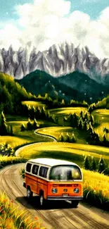 Vintage van on a winding road amidst lush fields and mountains.