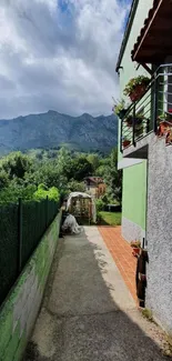 Scenic pathway with mountains and flowers.