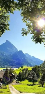 Scenic mountain view with sunlit trees and a countryside path.