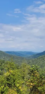 Lush green mountains under a blue sky.