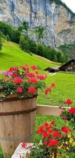 Scenic mountain with flowers and rustic house.