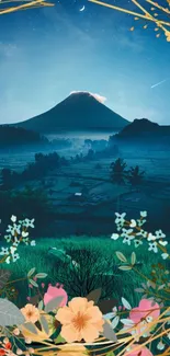 Mountain under starry sky with flowers in frame.