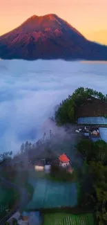 Breathtaking mountain view above clouds with lush greenery and misty scenery.