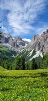 Scenic view of mountains and meadow under a blue sky.