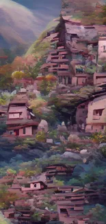 Artistic depiction of a colorful mountain village in nature.