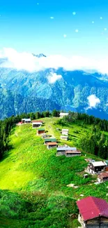 Serene mountain village with lush greenery and blue skies.