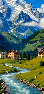 Serene mountain village with river and alpine backdrop.