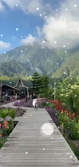 Scenic mountain walkway with garden and sky.