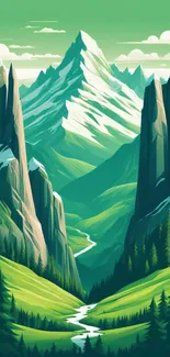 Artistic green mountain landscape wallpaper.