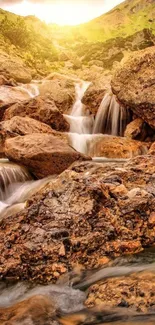 Beautiful mountain waterfall with sunlight and rocks