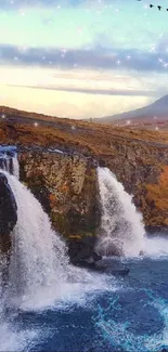 Mountain landscape with waterfalls and vibrant colors.