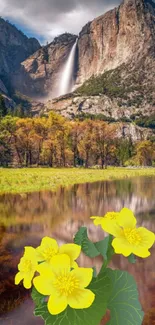 Scenic mountain waterfall with yellow flowers