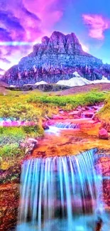 Vibrant mountain landscape wallpaper with waterfall and sunset sky.