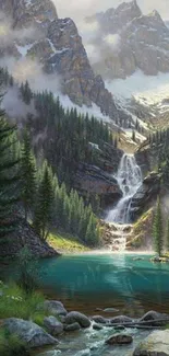 Mountain waterfall with serene lake and lush greenery.