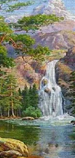 Serene view of a mountain waterfall with lush greenery.