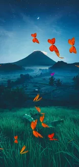 Orange butterflies over a twilight mountain landscape with a serene blue sky.