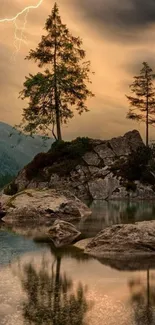 Lightning over mountain landscape with reflections.