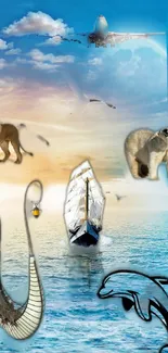 Dynamic wallpaper featuring a ship, plane, lion, polar bear, and vibrant ocean.