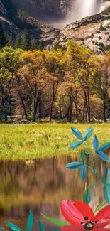 Scenic forest with artistic red flower in foreground.