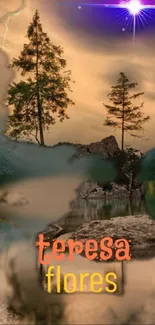 Two trees on a rocky hill by a lake with a mountain background.