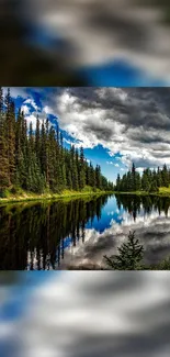 Beautiful forest and lake landscape wallpaper with blue skies and reflective waters.