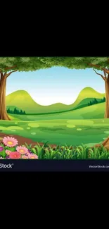 Serene forest and colorful flowers wallpaper for mobile phones.