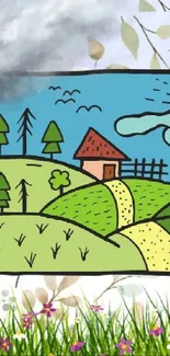 Colorful drawing of a landscape with hills, trees, and a cottage.