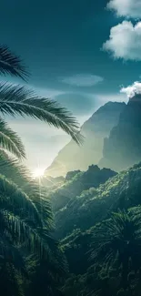 Sunrise over green mountains with palm trees and teal sky.