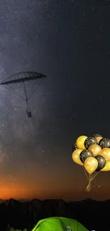 Night adventure wallpaper with parachute, balloons, tent, and motorcycle.