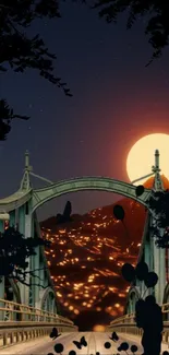 Silhouetted bridge under a full moon with a tranquil night sky backdrop.