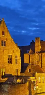 Scenic night cityscape with historic buildings and canal under a blue sky.