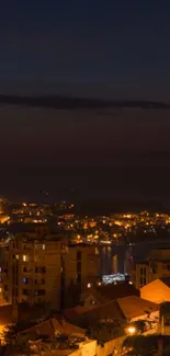 Night cityscape with glowing lights over water and buildings.