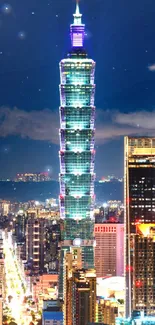 City skyline at night with illuminated skyscrapers and vibrant lights.