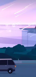 Illustrated wallpaper of night drive with purple sky and coastal road.