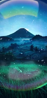 Nighttime mountain with bubble overlay.