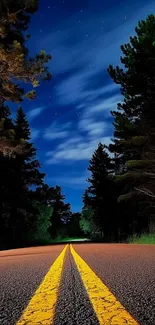 Night road with starry sky and trees.