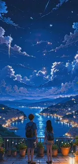 A couple gazes at a starry night sky over a town by a river.