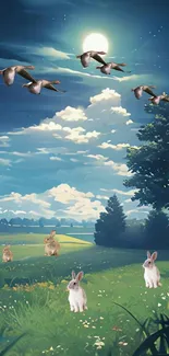 Scenic wallpaper with moonlit night sky, birds, trees, and rabbits in a field.