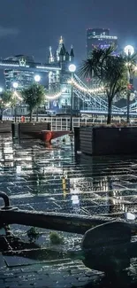 Tower Bridge lit up at night with reflections on wet cobblestone.