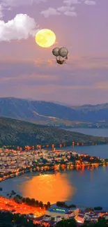 Scenic view of a lake with city lights, full moon, and hot air balloon backdrop.