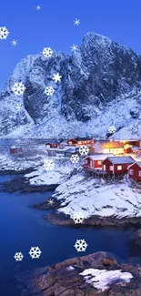 Snow-covered Norwegian village with red cabins and mountains.