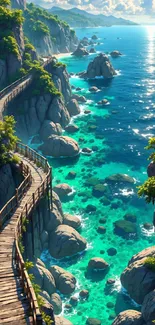 Scenic ocean path with turquoise waters and rocky cliffs in the wallpaper.