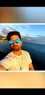 Selfie with ocean and sunset background, featuring a man in sunglasses.