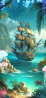 Ship sailing in turquoise waters amidst lush tropical scenery.