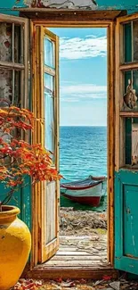 Ocean view through rustic wooden doors with turquoise hues.